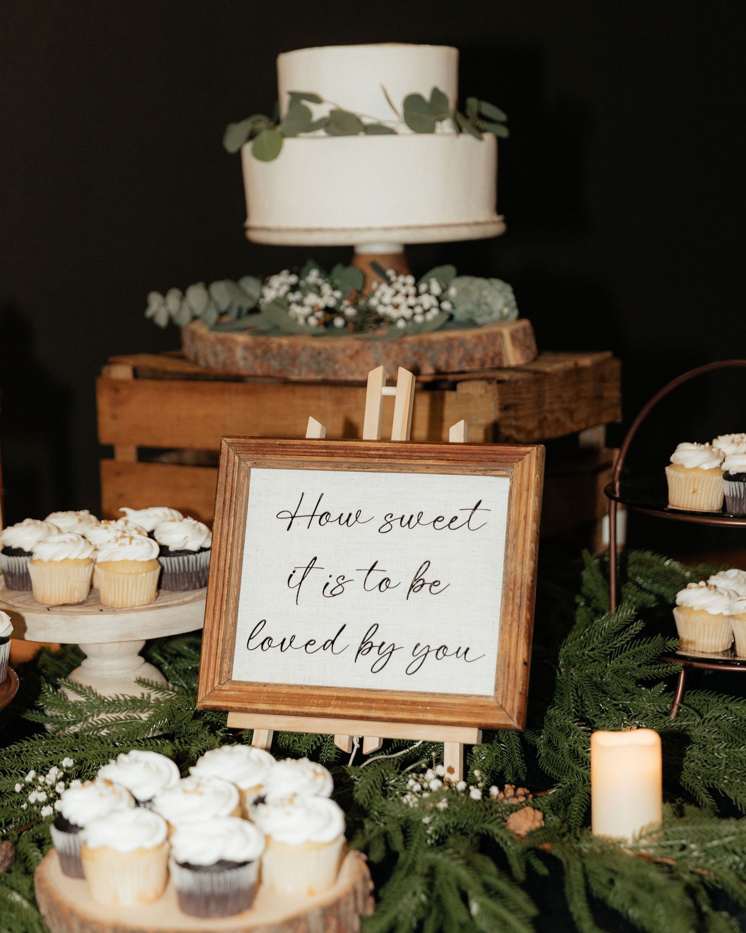 Rustic wedding dessert table with white tiered cake, cupcakes, and a framed sign reading How sweet it is to be loved by you.