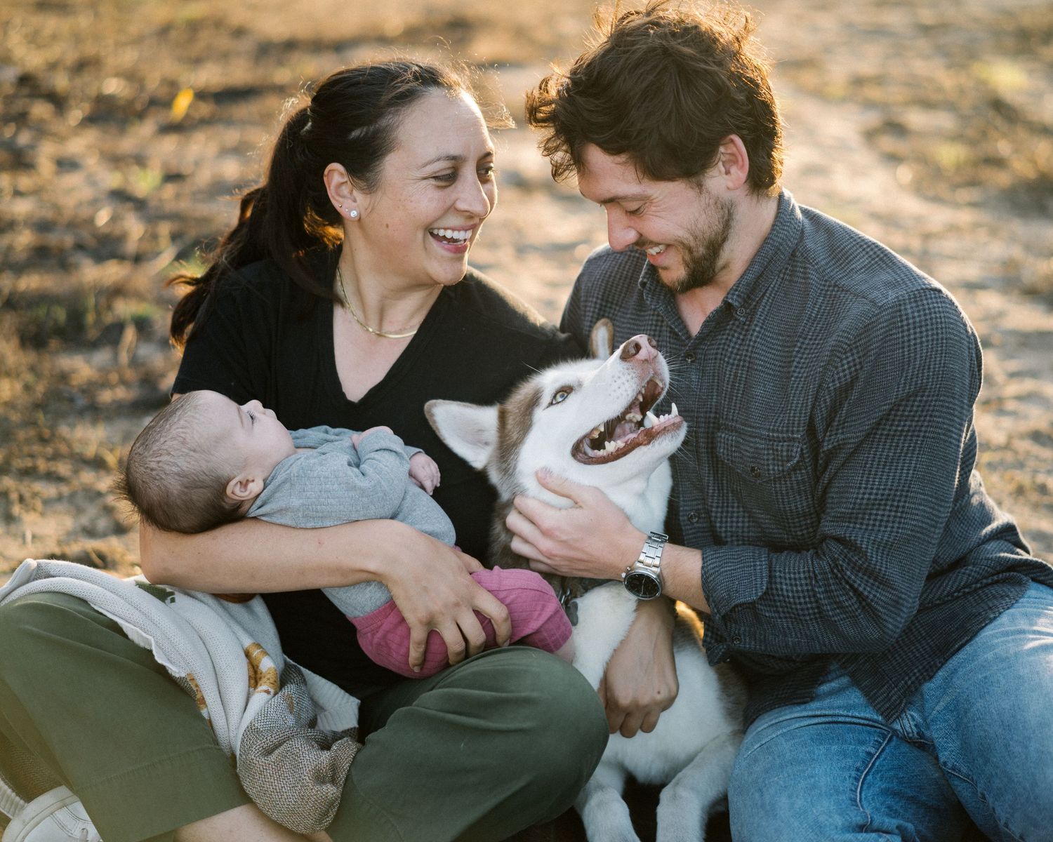 A family sits together on the ground with their white dog during a golden hour outdoor photo session.