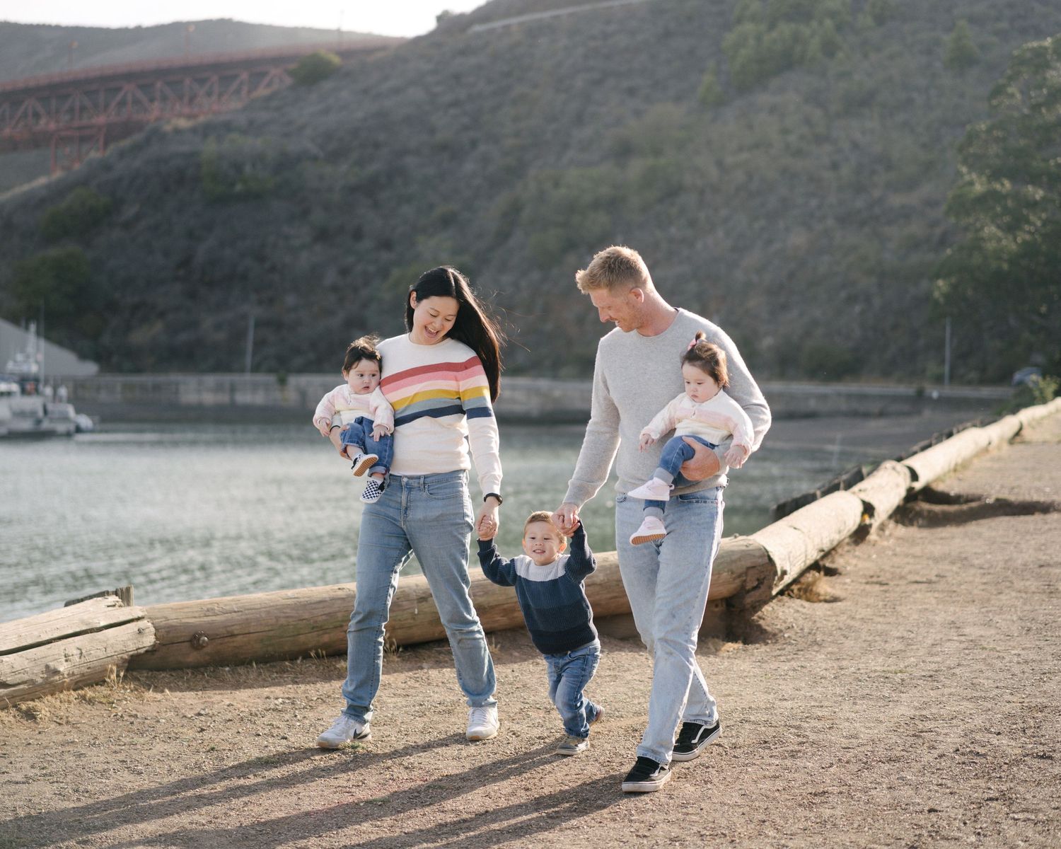 A series of casual lifestyle photos showing people walking together along a scenic beach path at sunset.