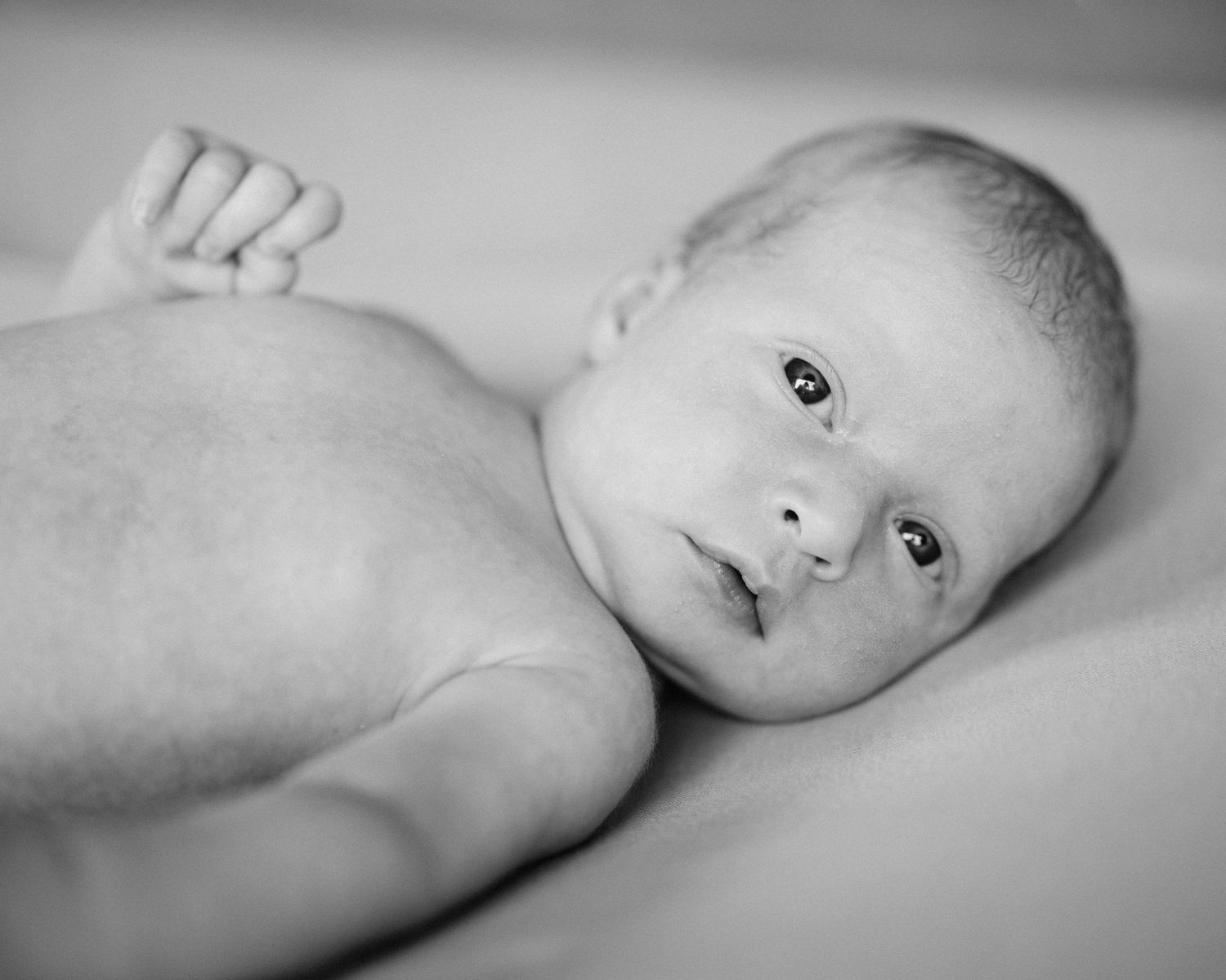 A series of black and white artistic photographs showing a baby in various close-up poses against a soft background.