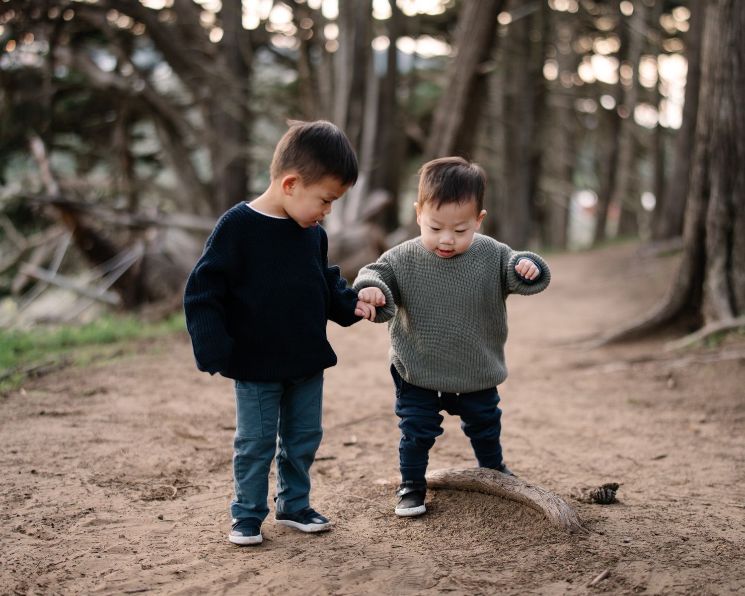 Two young children in casual clothing walk together on a dirt path through a forest.