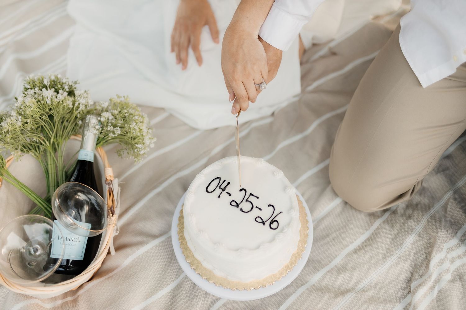 A series of wedding detail shots showing cake, rings, and floral arrangements in soft, neutral tones.