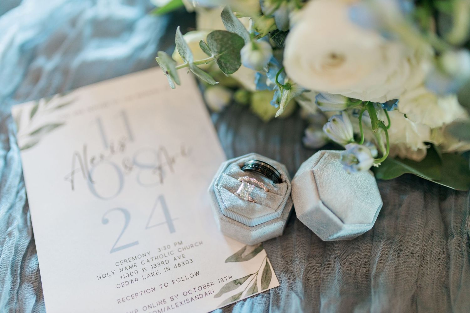 Luxury wedding invitation and florals in Beecher, Illinois wedding venue, Barn and Vineyard captured by Indiana wedding photographers