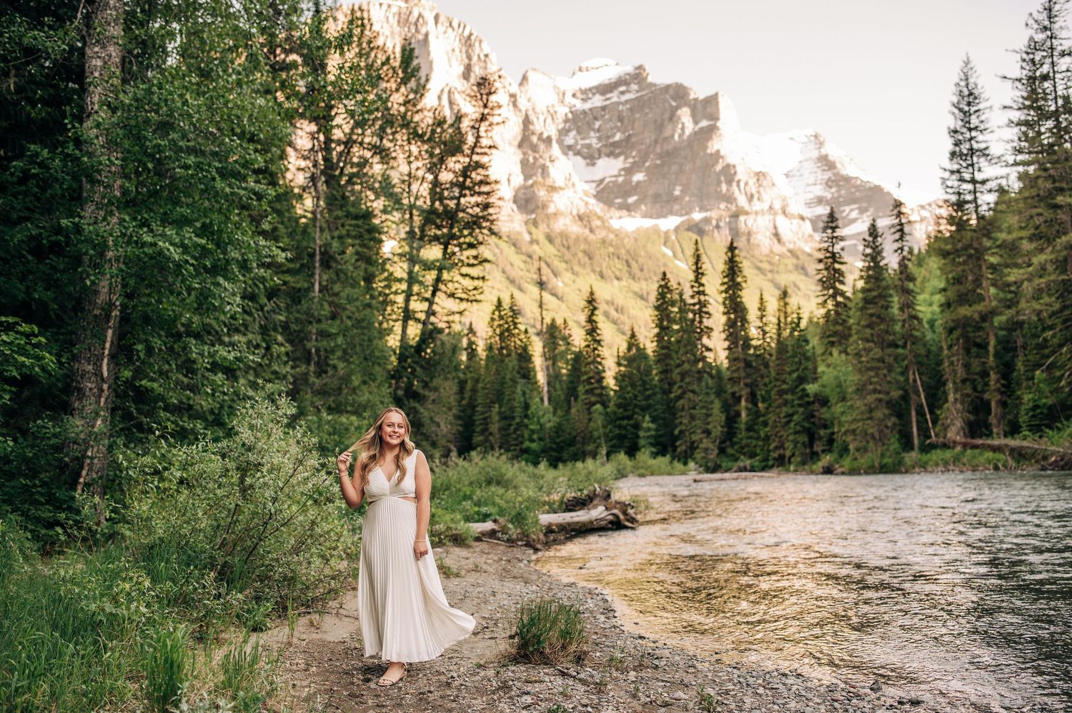 A series of outdoor mountain wedding photos taken on a scenic forest path at golden hour.