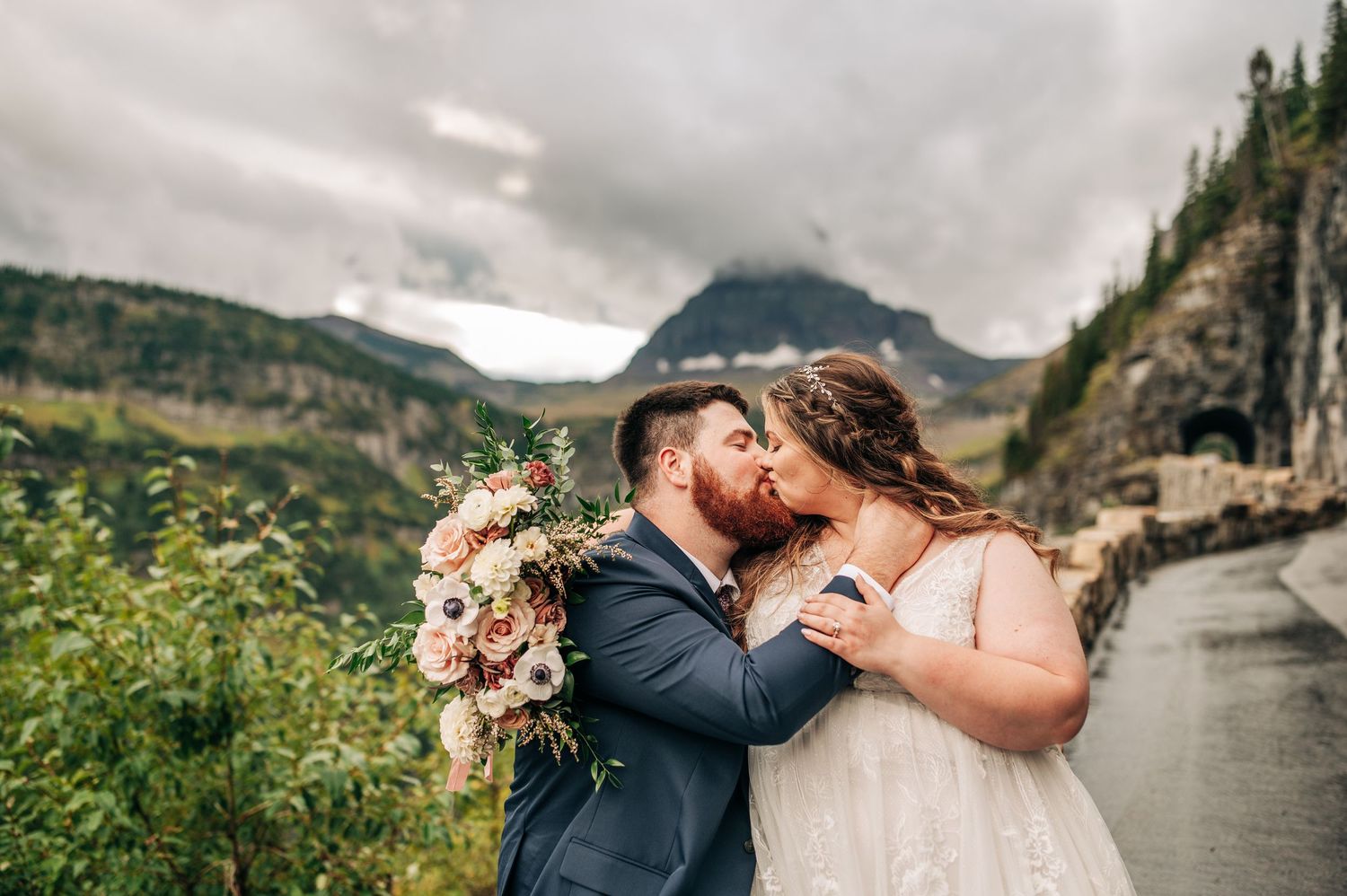 A romantic scenic wedding photo collage with mountain lake landscapes in the background.
