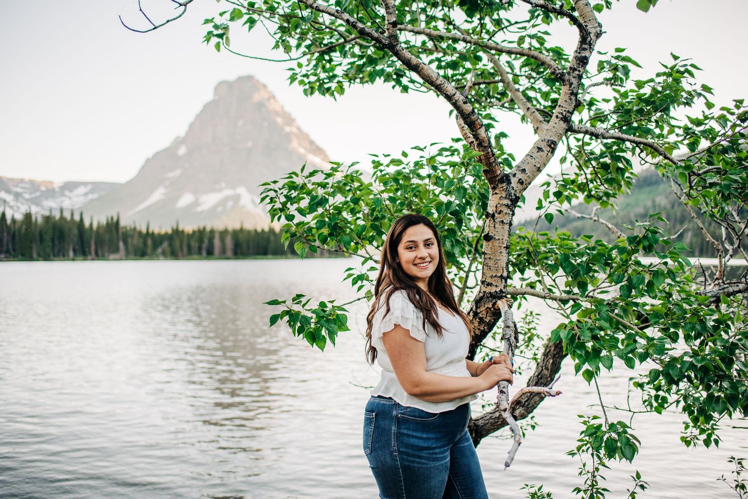 A tranquil mountain lake scene with a birch tree in the foreground and distant peaks reflecting in calm waters.