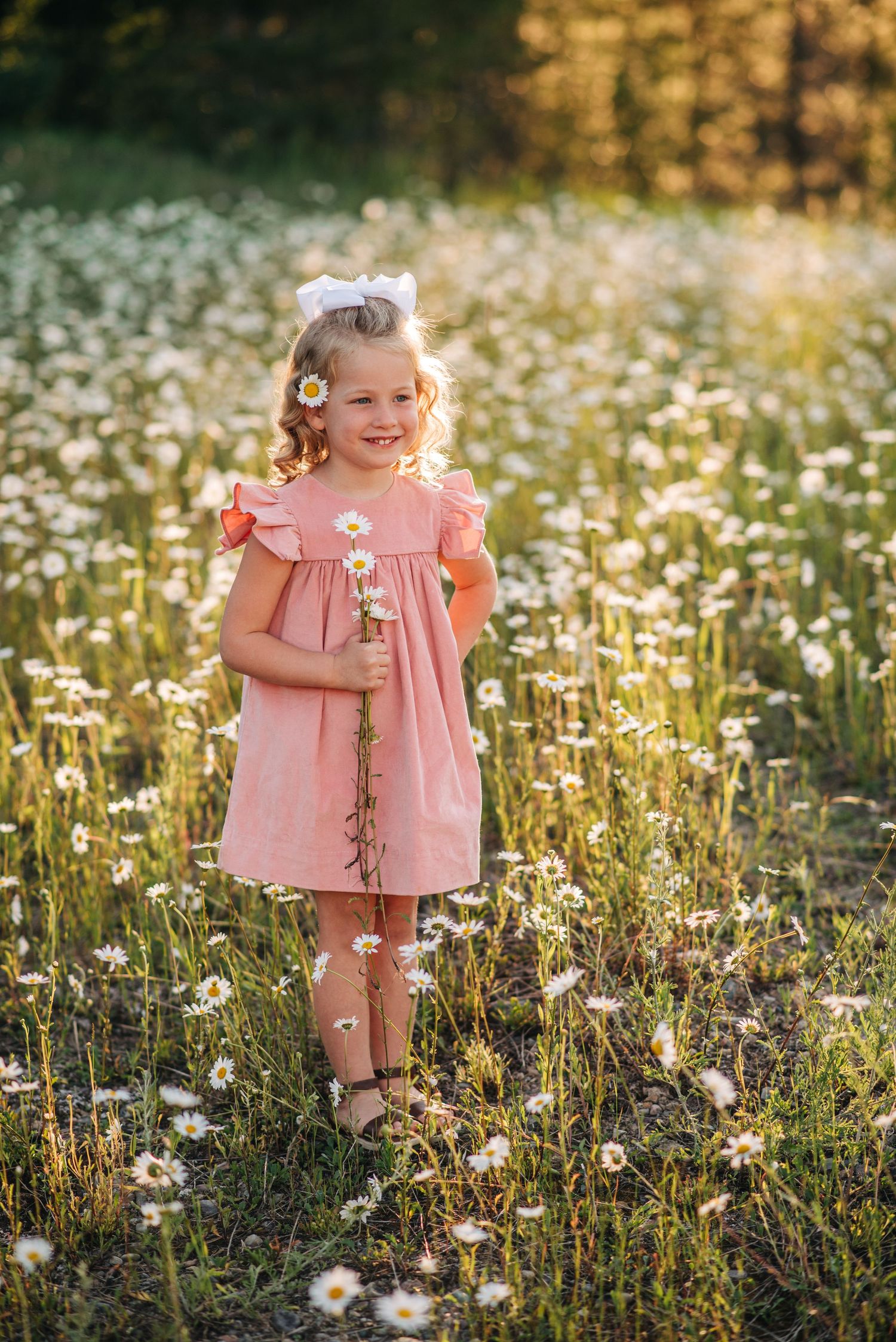 A child in a pink ruffled dress stands in a sunlit meadow filled with blooming white daisies on a summer evening.