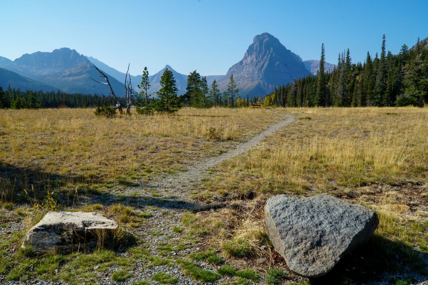 A panoramic view of rugged mountain peaks and rolling meadows in a scenic wilderness landscape during summer.