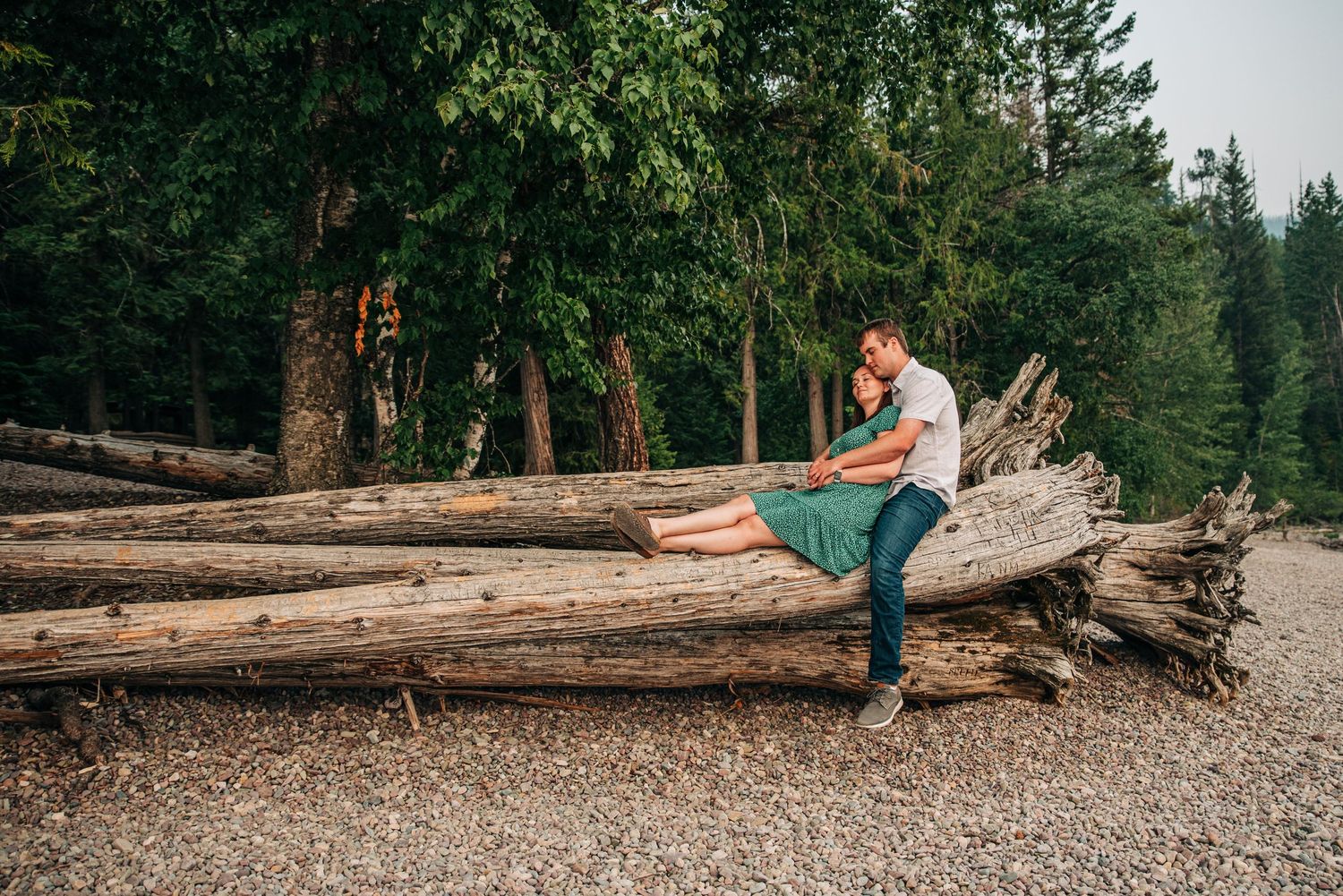 A serene photo series showing someone relaxing in a hammock by a lake surrounded by pine trees in nature.