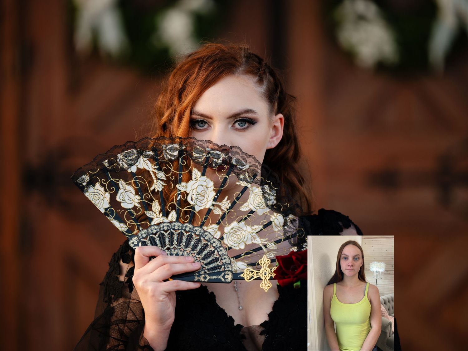 Dramatic portrait with decorative fan against dark background with floral elements.