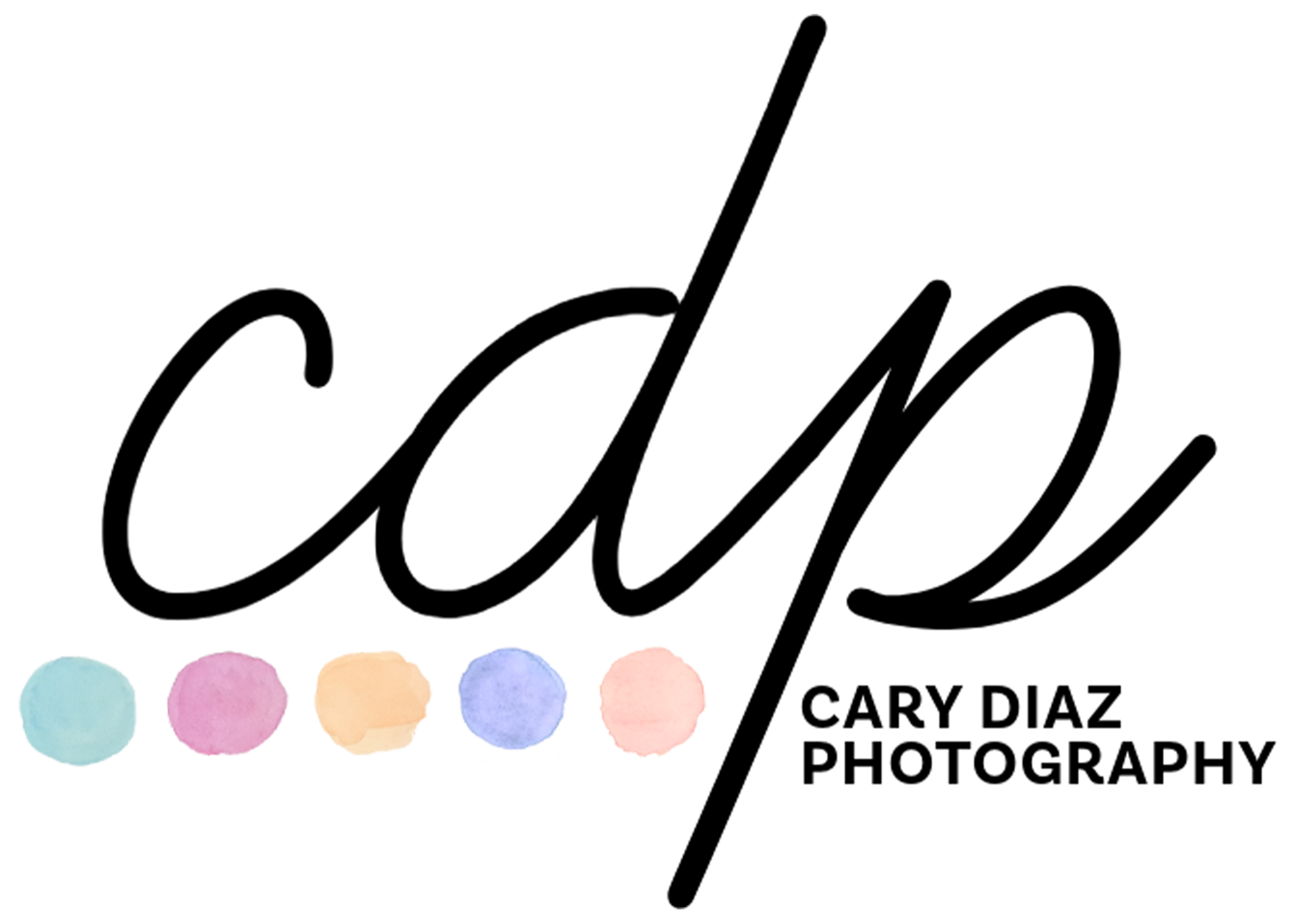 Simple black silhouette logo with five pastel colored dots arranged in a horizontal row at the bottom.