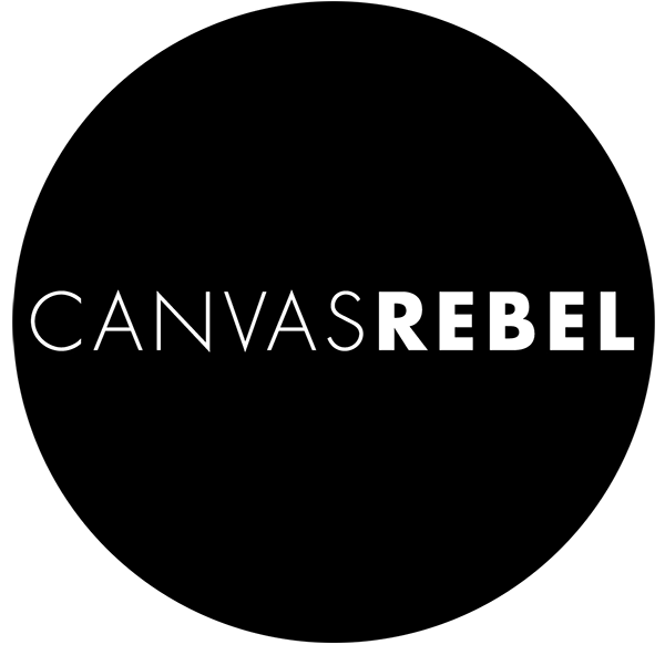 Simple black and white text logo design for Canvas Rebel against dark background.
