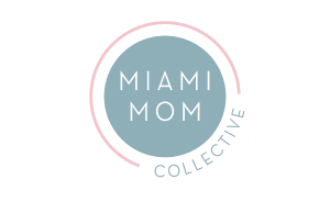 A modern circular logo design for Miami Mom Collective featuring light blue and pink colors on a dark background.
