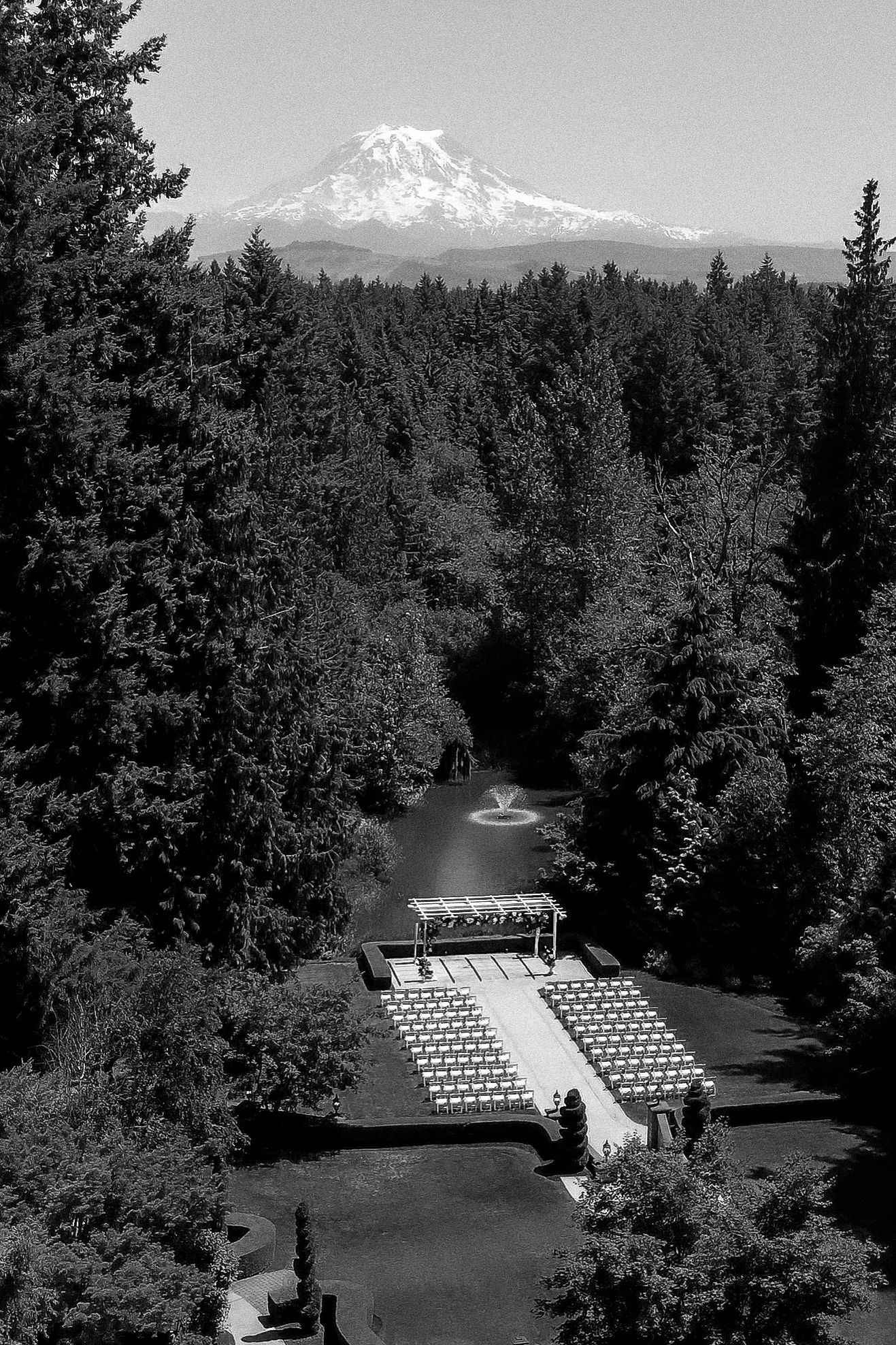 Black and white view of an outdoor wedding venue with rows of chairs surrounded by evergreen forest and Mount Rainier in background.