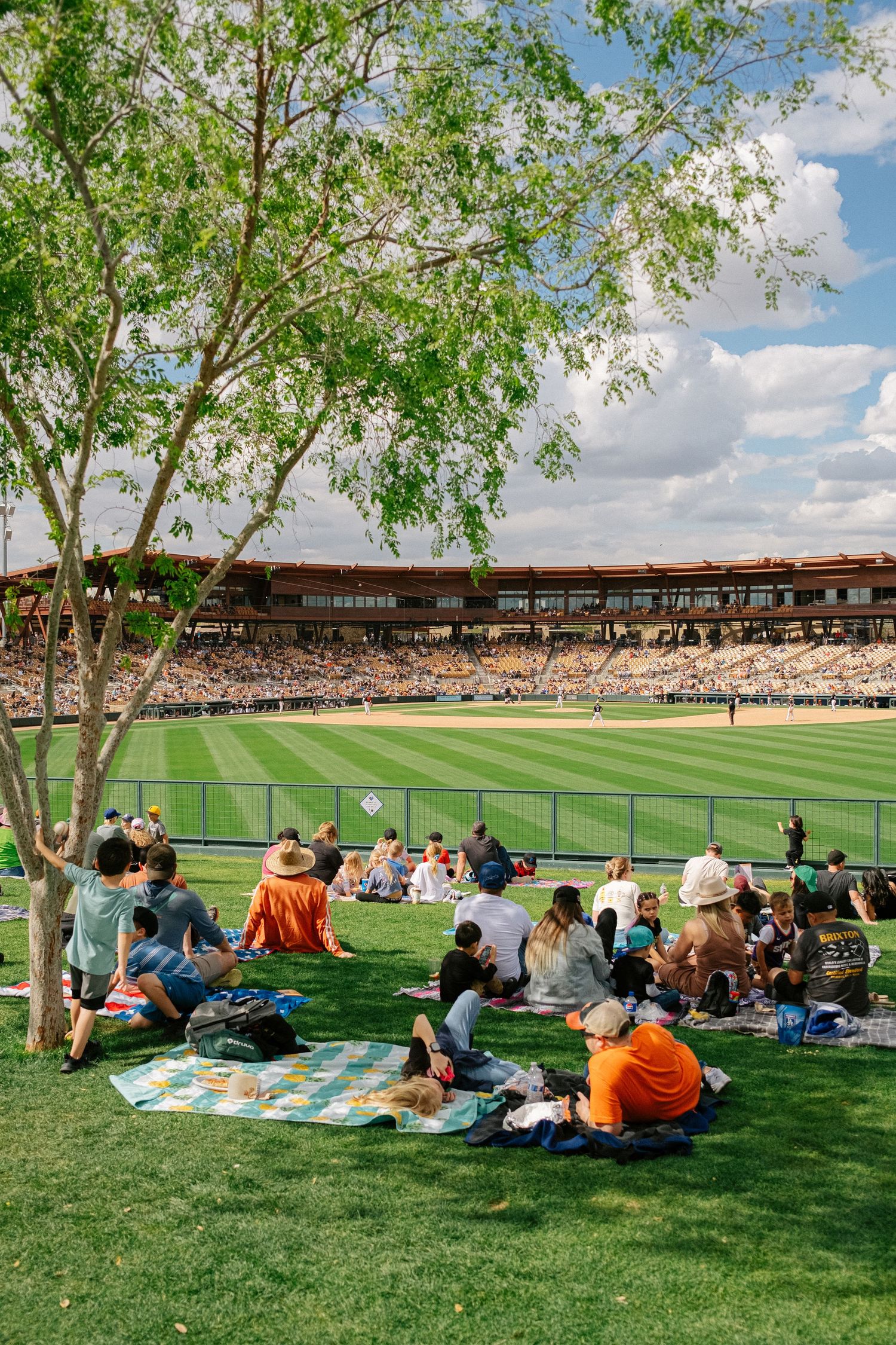 Baseball fans enjoying game from grassy hill outside stadium on sunny spring day.