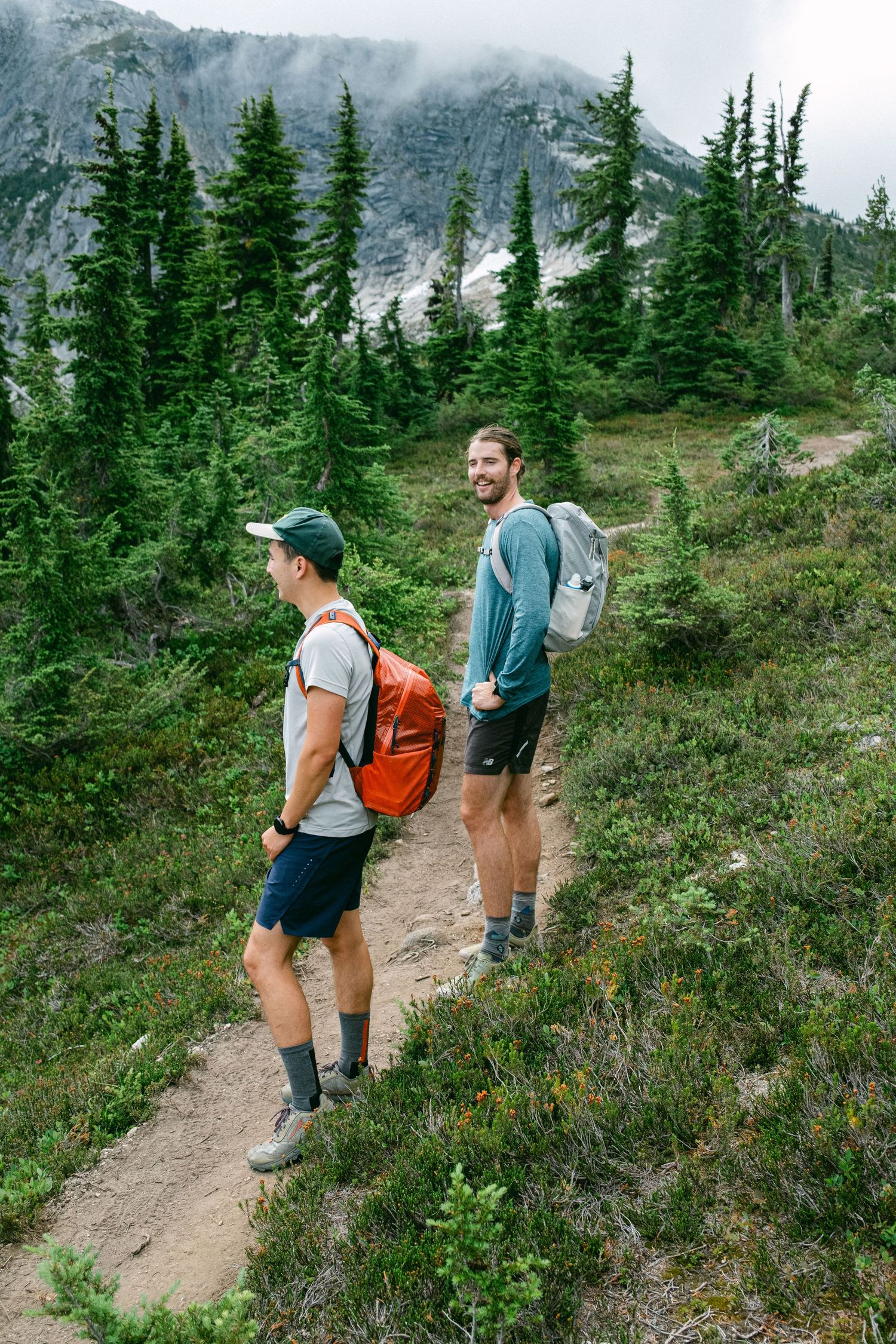 Two hikers on a mountain trail surrounded by evergreen trees and misty peaks.