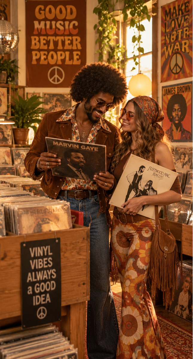 Two retro-styled music lovers browse vinyl records in a 70s-inspired shop holding Marvin Gaye and Fleetwood Mac albums.