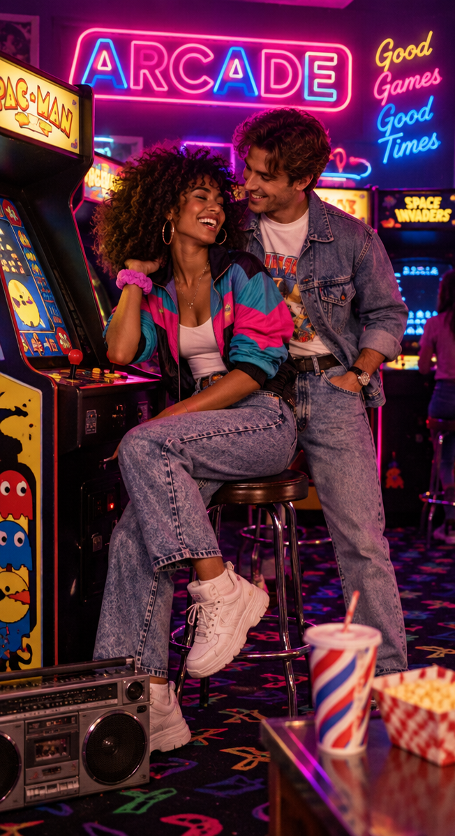 Couple in 80s retro outfits laughing at a neon-lit arcade with Pac-Man machines, popcorn, and a boombox.