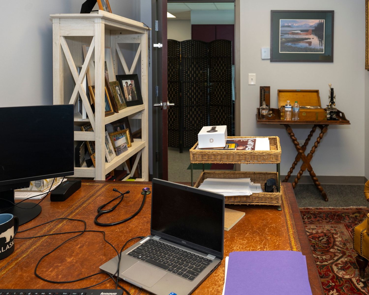 Home office with laptop, white bookshelf, wicker basket desk, framed art, and oriental rug on hardwood floors.