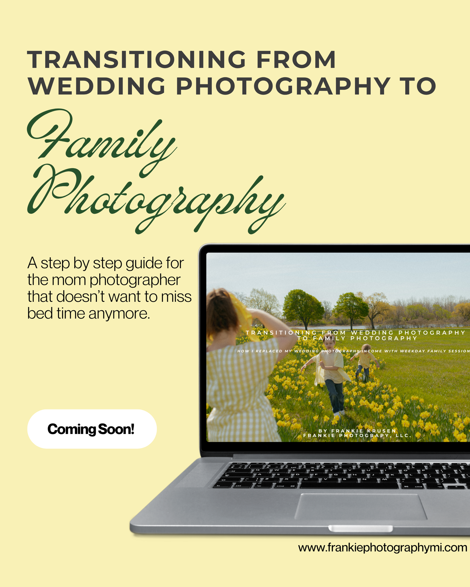 Professional laptop mockup showing transition from wedding to family photography business with sunny meadow website design.
