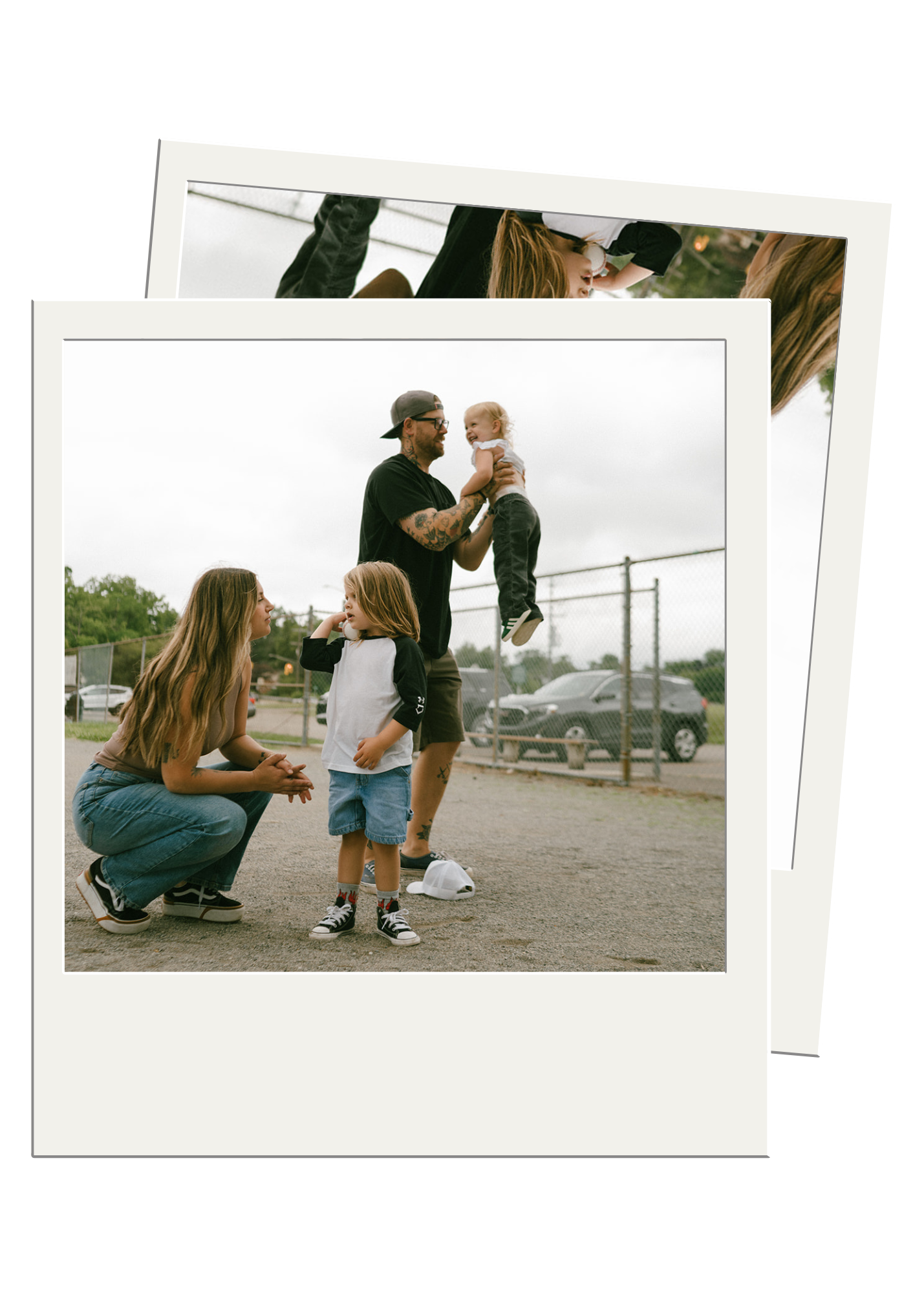 Polaroid style photo of group gathered in parking lot on sunny day.