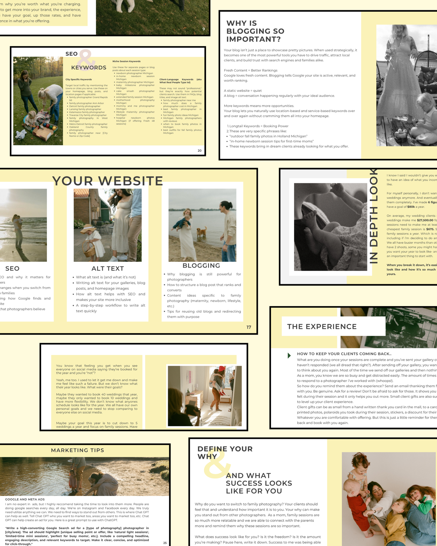 Website template mockup showing multiple sections with vintage-style photography and text layouts on beige background.