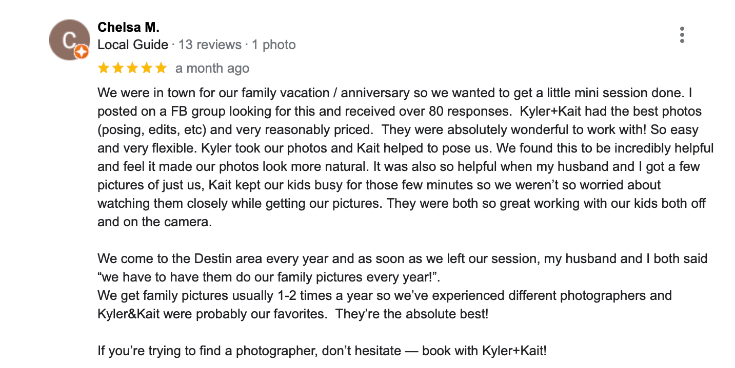 a review of Kyler and Kait Photography in Santa Rosa Beach, Florida