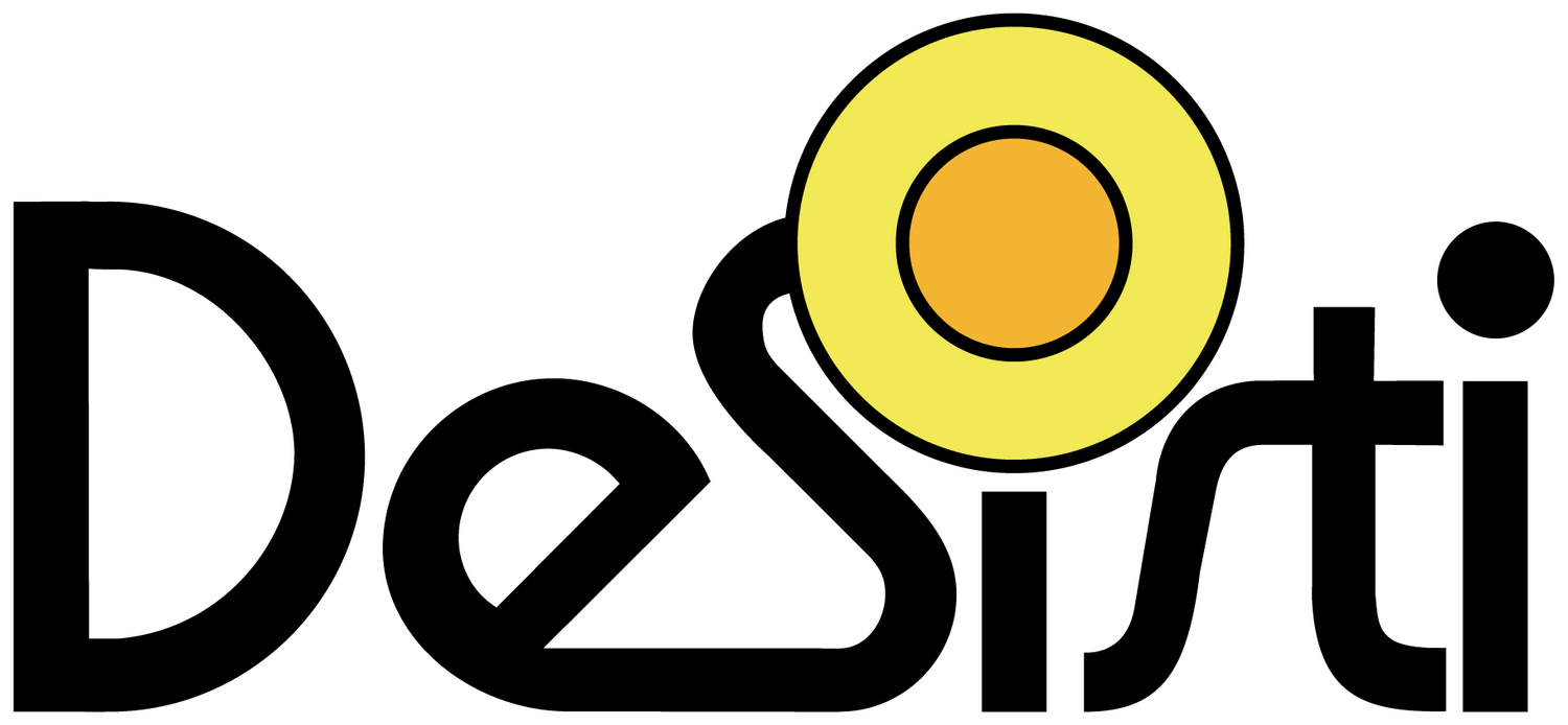 DeSisti logo design featuring yellow sun symbol and black lettering on dark background.
