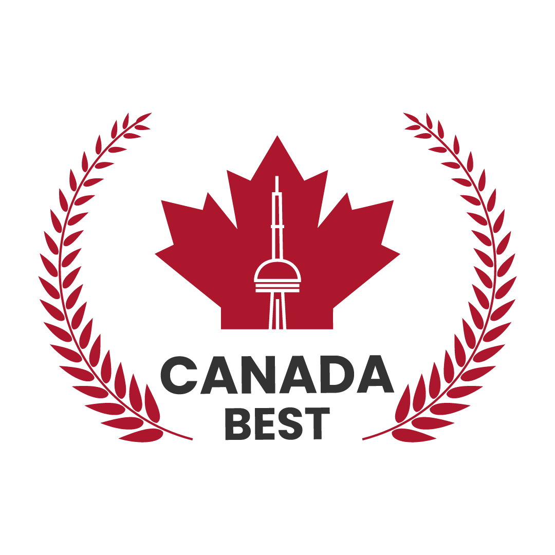 Red maple leaf logo with Canada Best text and laurel wreath design on black background.