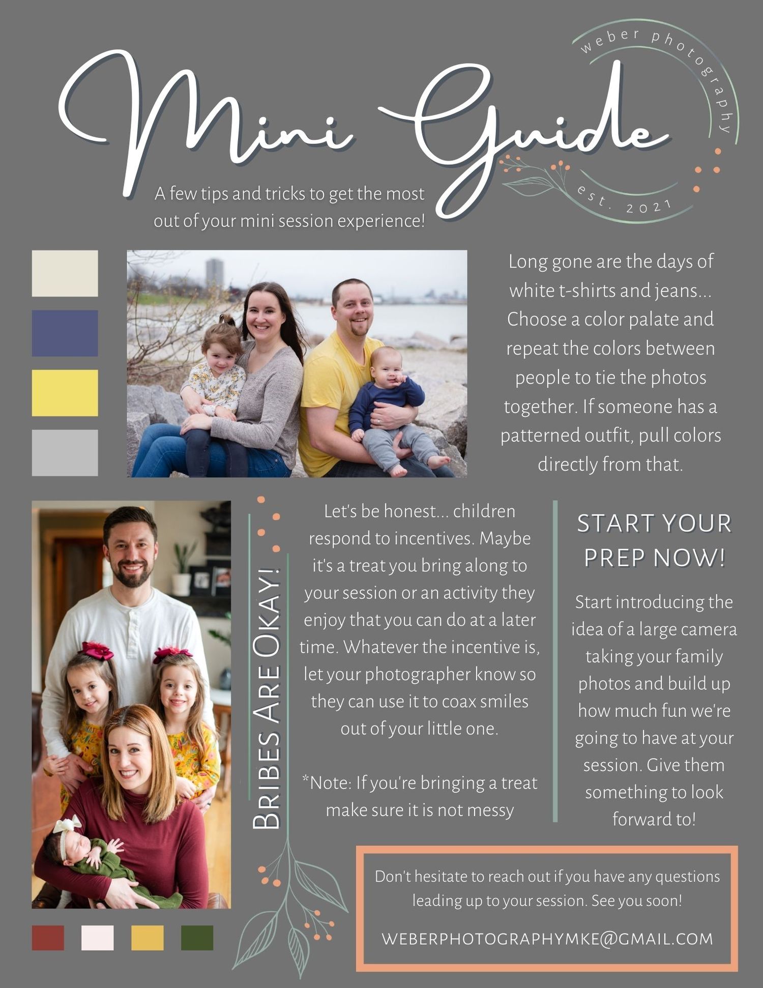 Mini photography session guide with color palette and family photo examples.