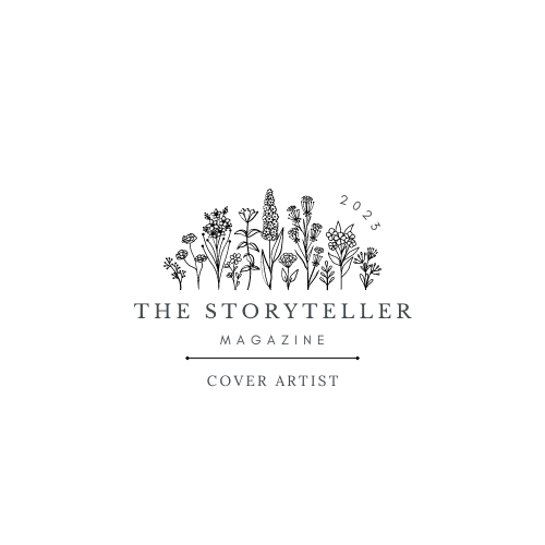 Minimalist black and white magazine logo for The Storyteller featuring cover artist text.