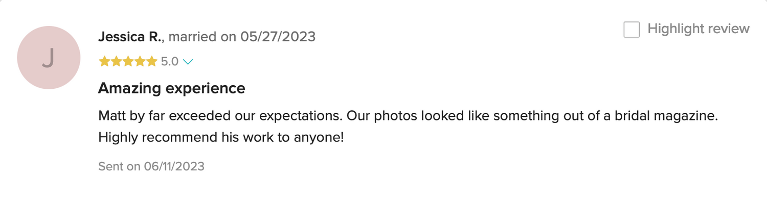 Positive customer review showing five star rating and enthusiastic feedback about a photography experience.