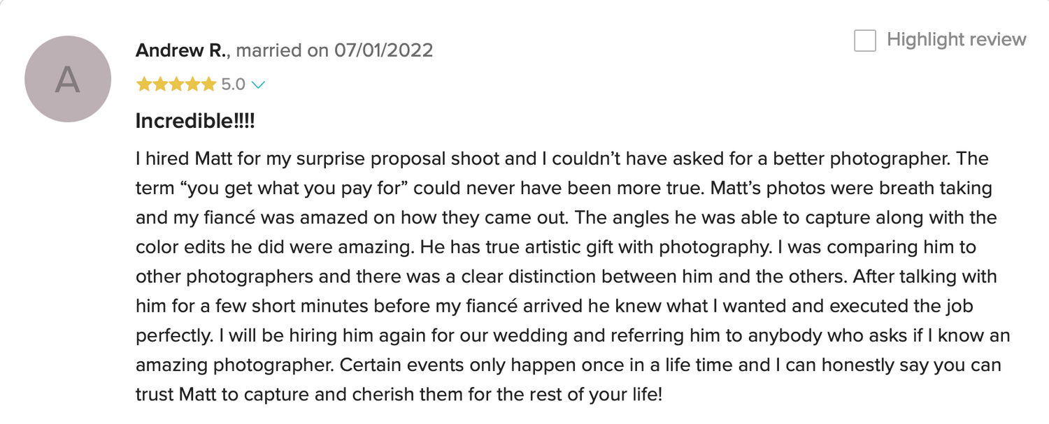 A detailed customer testimonial praising a photography session experience.