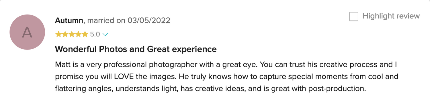 Customer testimonial with five star rating expressing satisfaction with photography services.