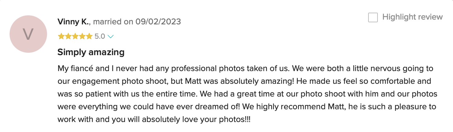 Detailed five star review praising professional photo shoot services and results.