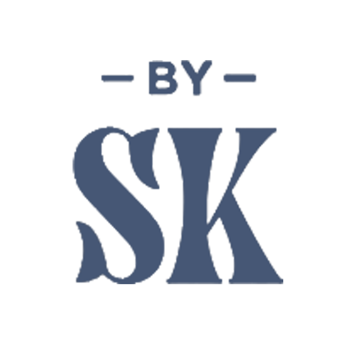 A navy blue logo design showing 'BY SK' text in a decorative serif font style.