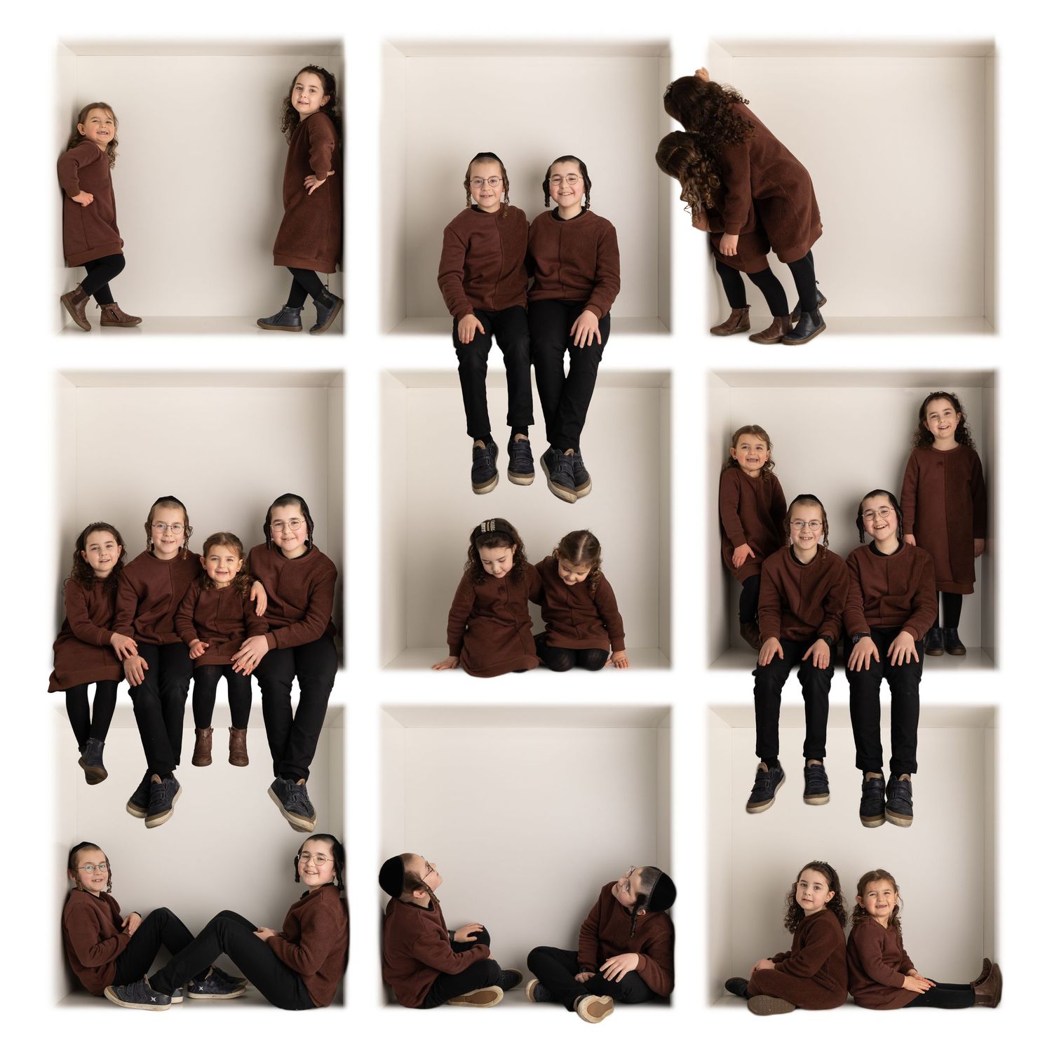 Collage of people in brown sweaters posing together in various fun configurations.