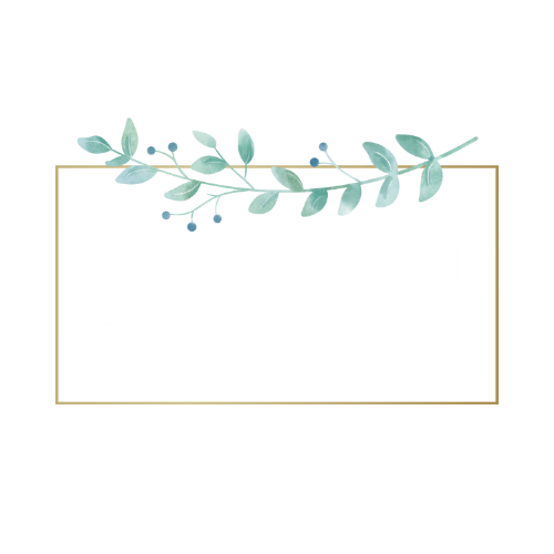Photography logo design with camera icon and mint green leaves in gold frame.