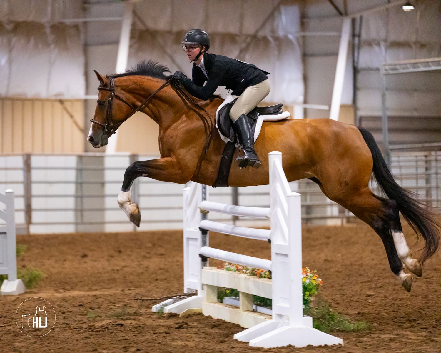 Horse and rider jumping over white fence rail in indoor arena competition.