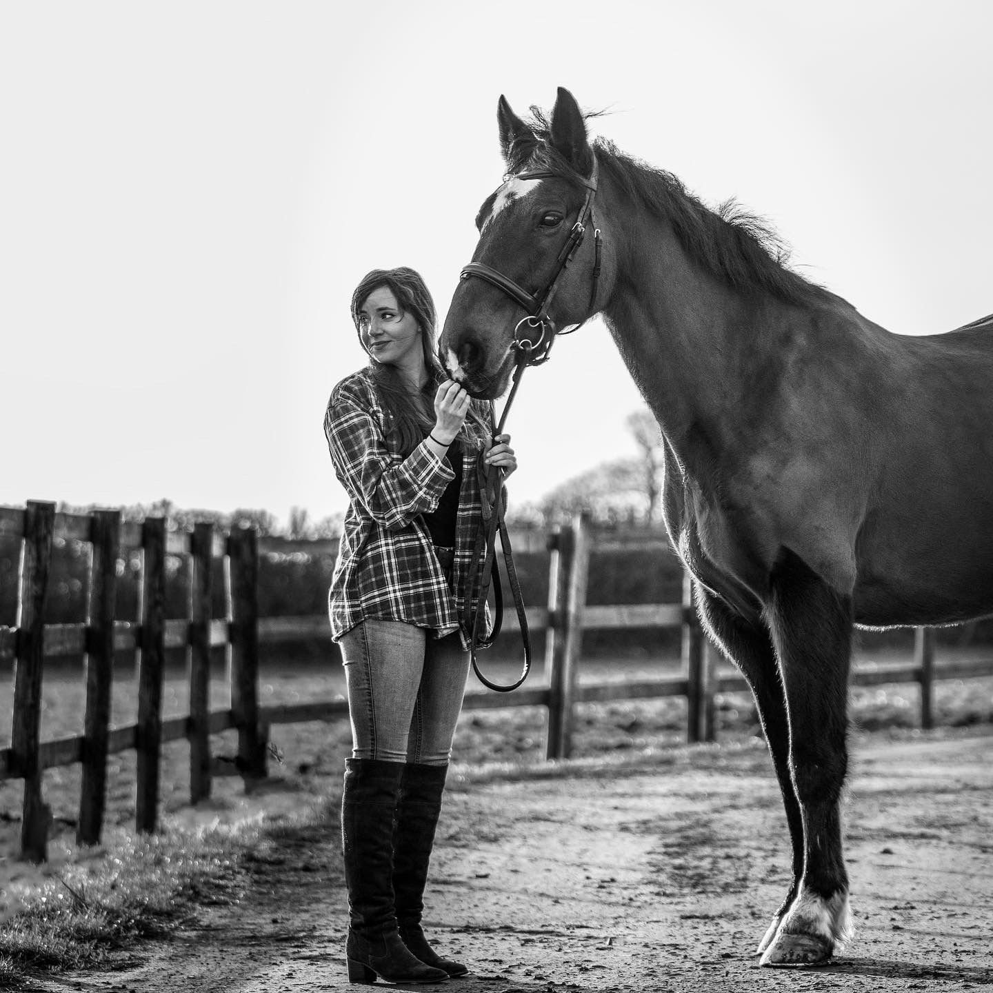 A horse and rider pose together in front of wooden fencing on a cloudy day.