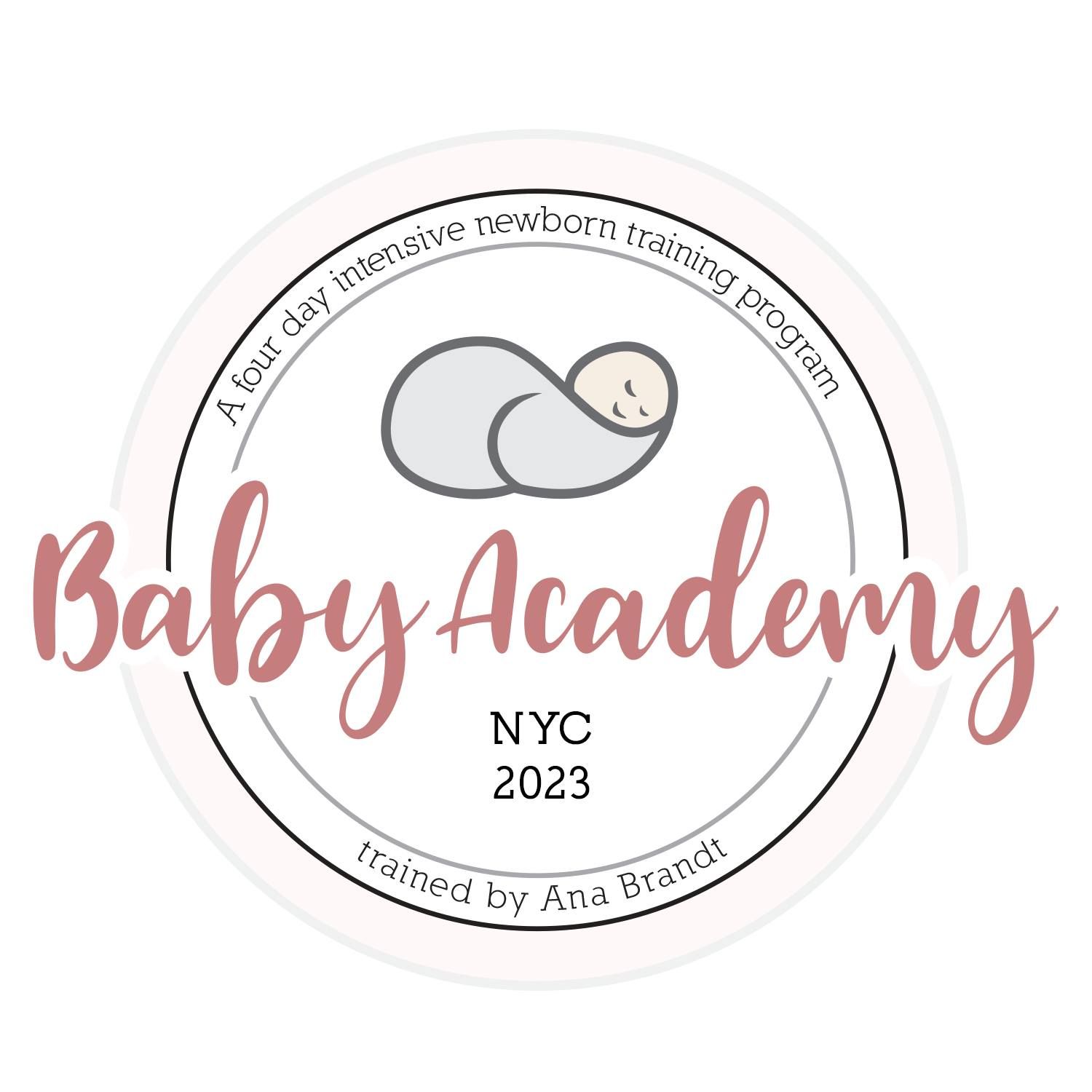 A circular logo for Baby Academy NYC 2023 featuring a minimalist gray sleeping baby illustration and pink text.