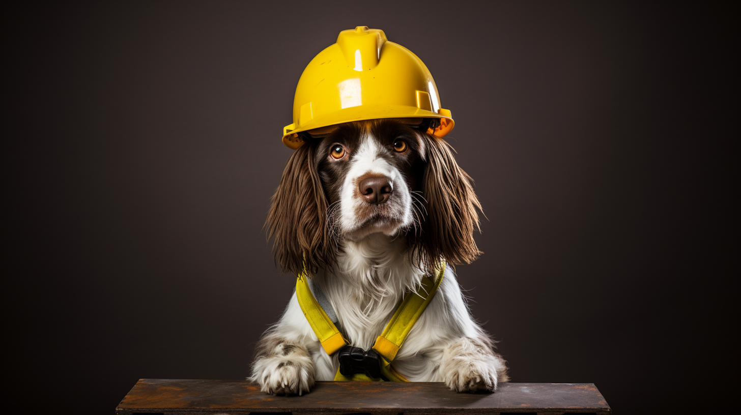 A springer spaniel dog wearing a yellow hard hat and safety vest against dark background.