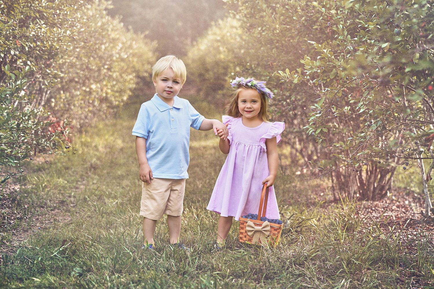 Toddler girl and boy holding hands in a blueberry field