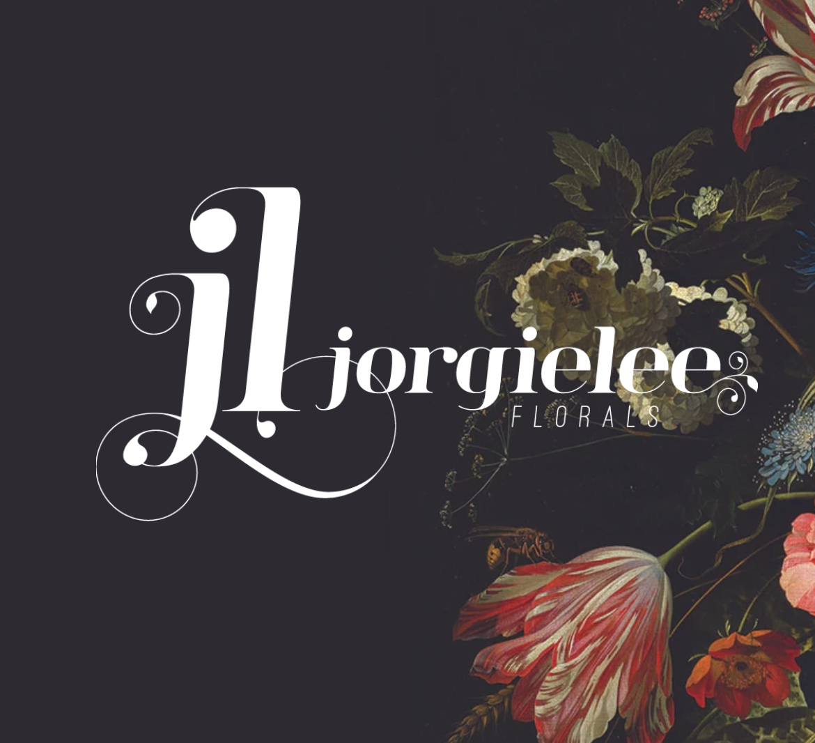 Elegant floral logo design for Jorgelee featuring vintage botanical illustrations on black background.