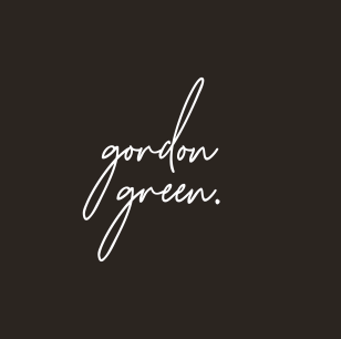 Handwritten script logo for Gordon Green in white text on dark background.