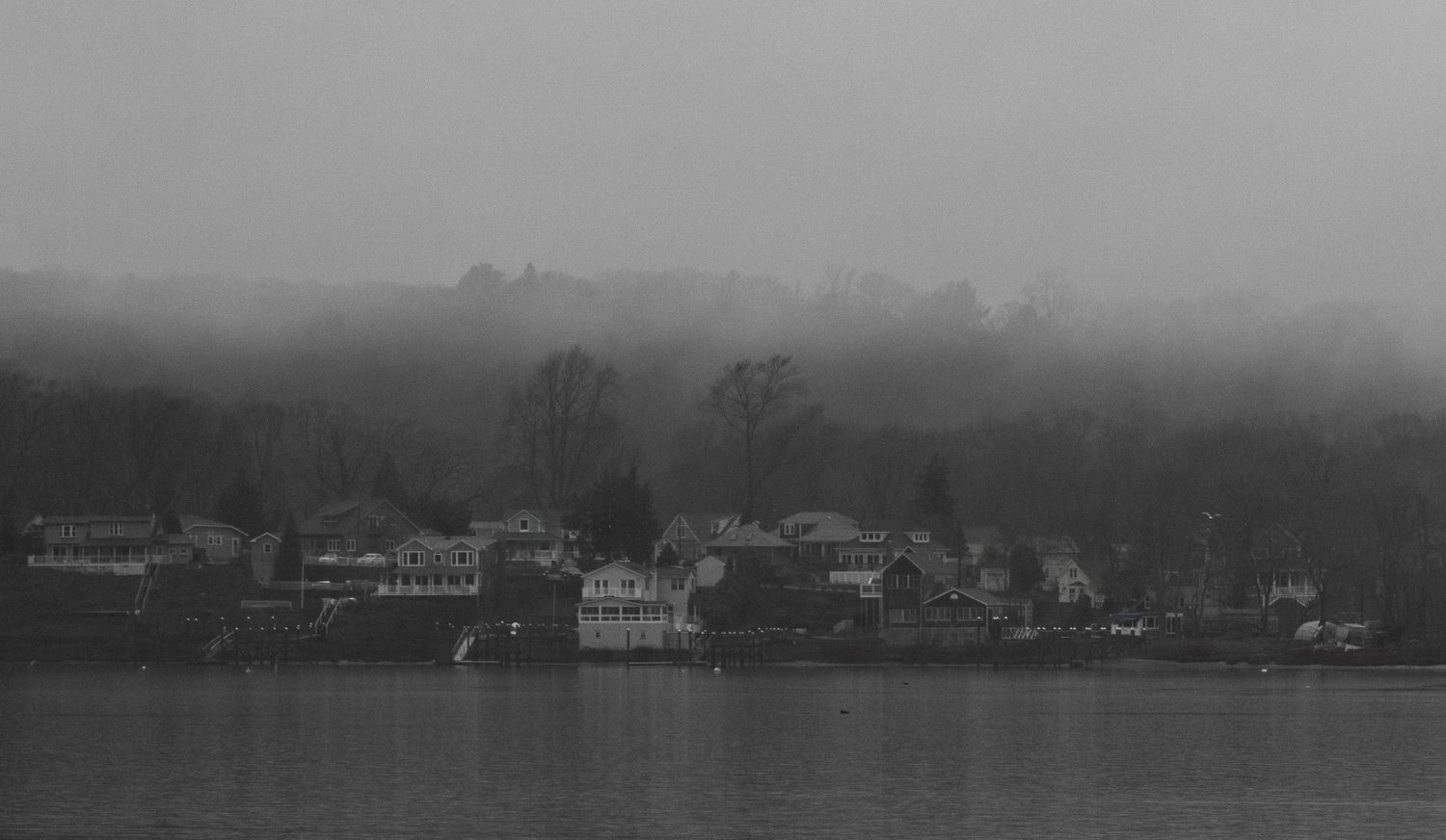 Coastal houses nestled along a foggy shoreline with misty hills in the background on a gray day.