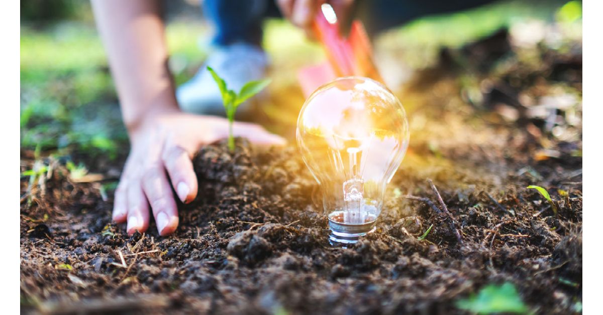 Glowing lightbulb placed in soil with hand planting, symbolizing growth of ideas.