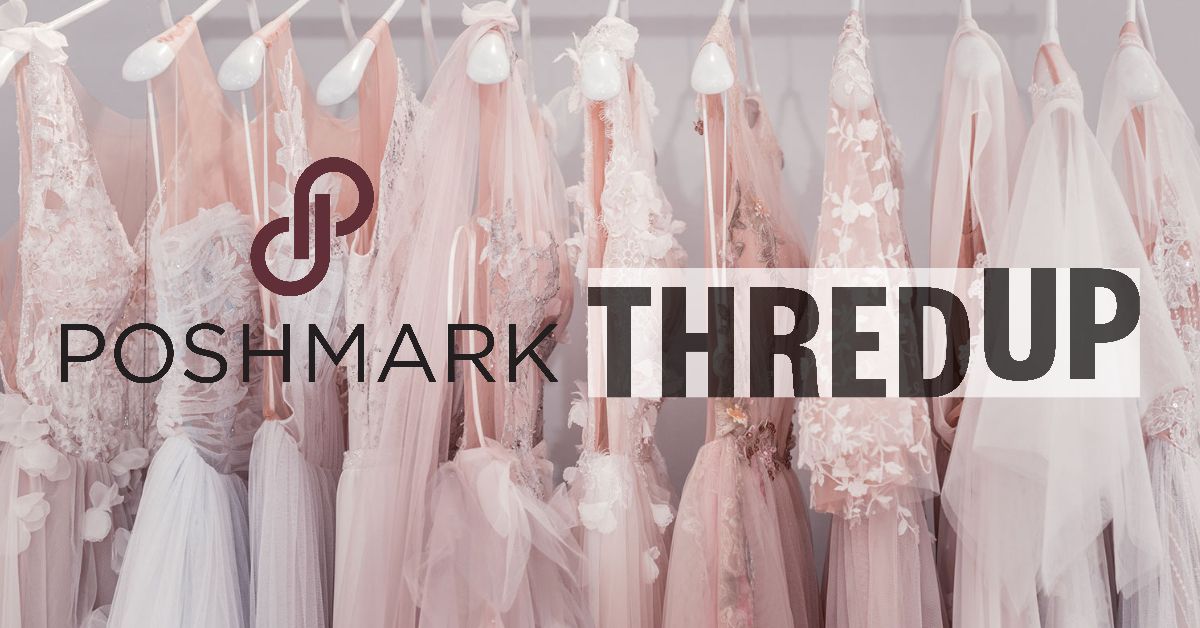 Fashion resale website logos Poshmark and ThredUp overlaid on rack of formal dresses.