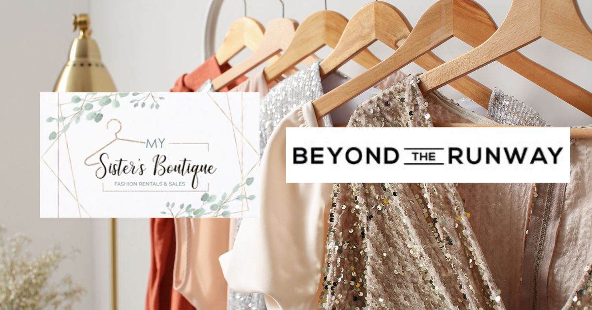 Elegant clothing rack display with Sisters Boutique and Beyond the Runway branding.