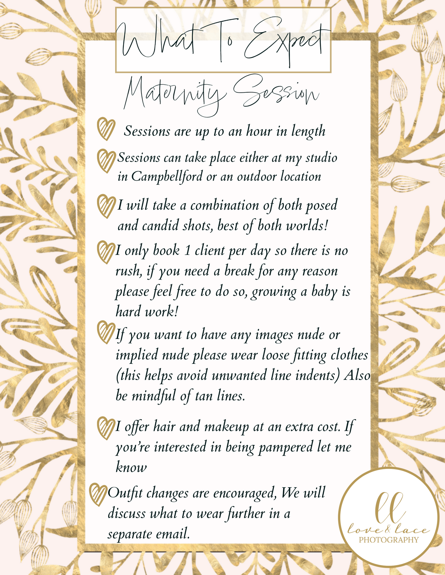 Informational guide for maternity photo sessions listing expectations and guidelines with floral border design.